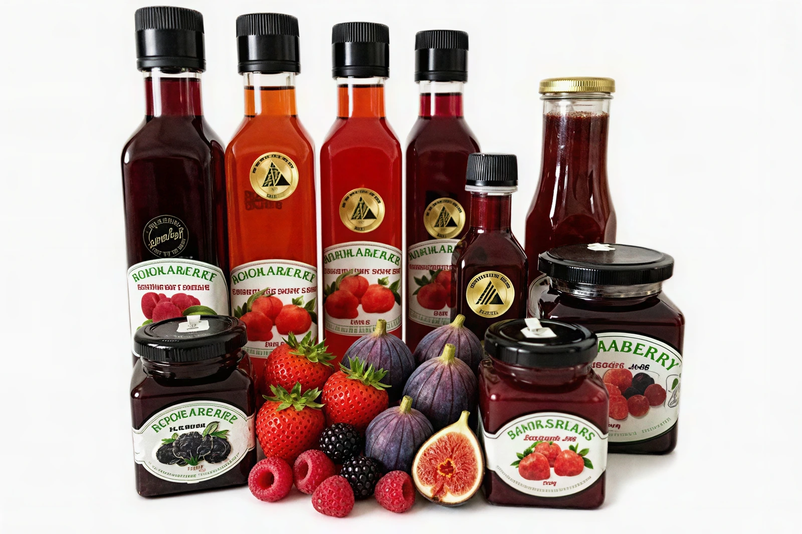 Kookaberry product image with bottles, jam jars, strawberries, raspberries, blackberries and figs